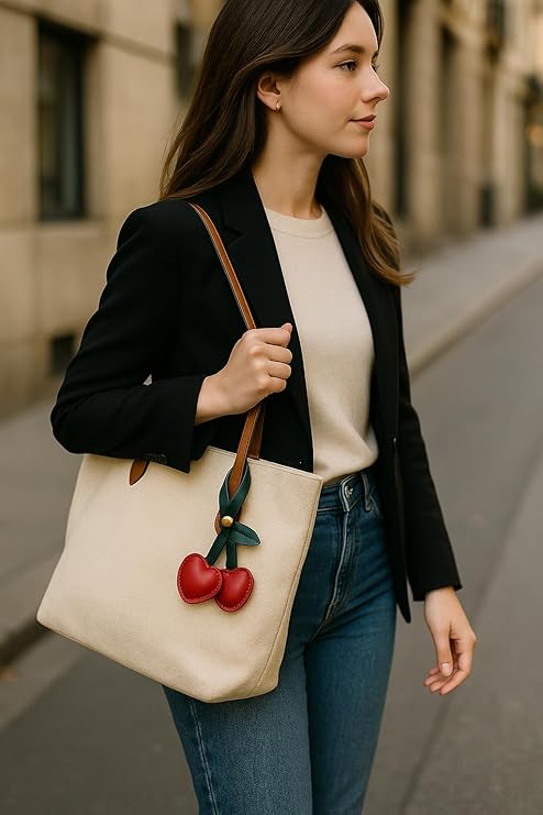 Cherry Heart Bag Charm – Cute Faux Leather Keychain - Questsole
