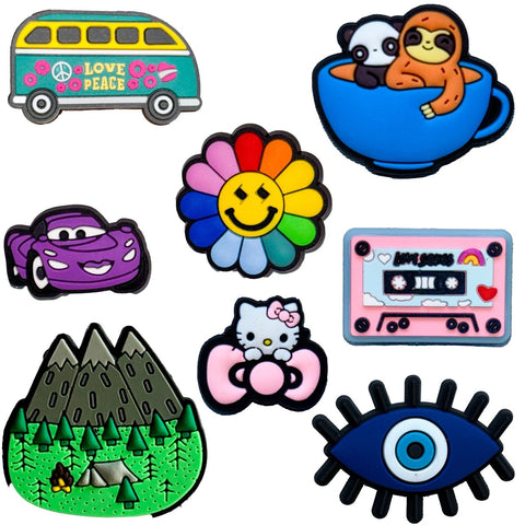 Questsole Charms Set – Van, Rainbow Flower, Panda & Sloth, Purple Car, Cassette Rubber Shoe Charm
