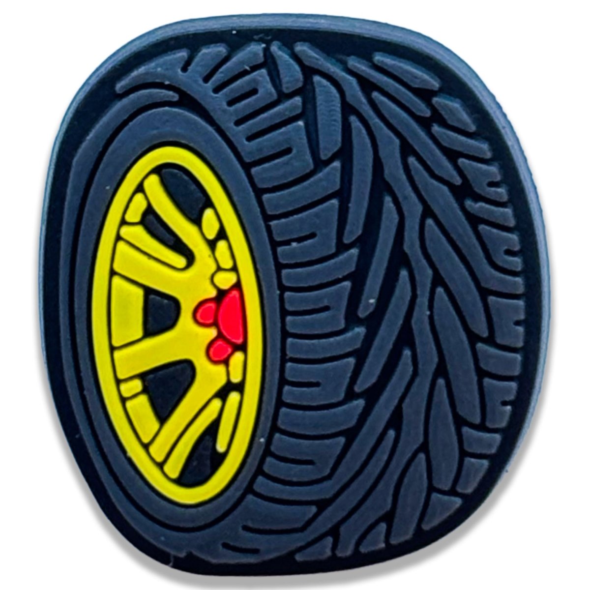Racing Tire Shoe Charm – Yellow Alloy Wheel Edition - Questsole