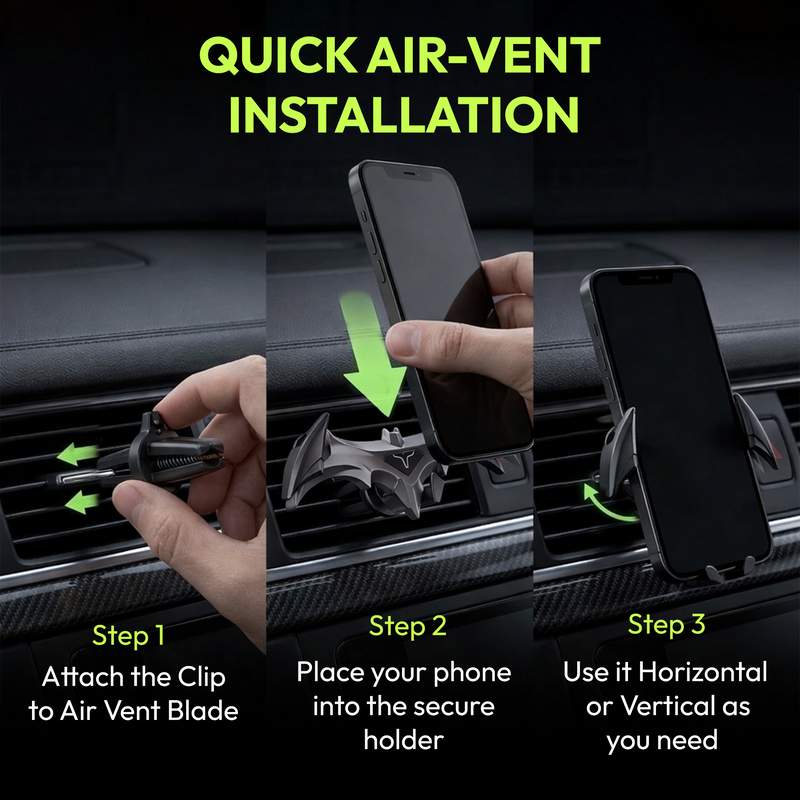 Questsole Bat-Wing Car Phone Holder – 360° Air Vent Mount (Jet Black)