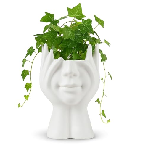 Decorative Face Planter – Modern White Head Vase with Hands, Artistic Flower Pot for Home, Office, Living Room & Tabletop Decor