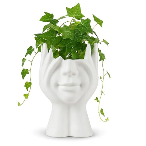 Decorative Face Planter – Modern White Head Vase with Hands, Artistic Flower Pot for Home, Office, Living Room & Tabletop Decor
