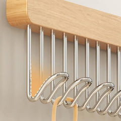 Questsole Wooden Sliding Multi Hook Organizer Rack with 12 Metal Hooks, Natural Wood Finish