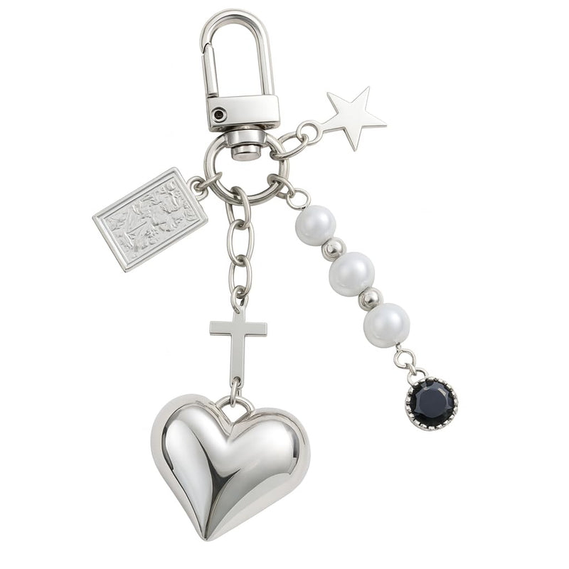 Questsole Silver Heart & Cross Bag Charm