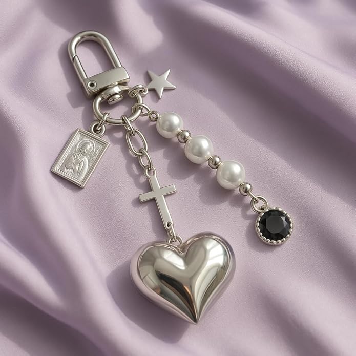 Questsole Silver Heart & Cross Bag Charm
