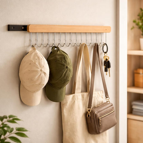 Questsole Wooden Sliding Multi Hook Organizer Rack with 12 Metal Hooks, Natural Wood Finish