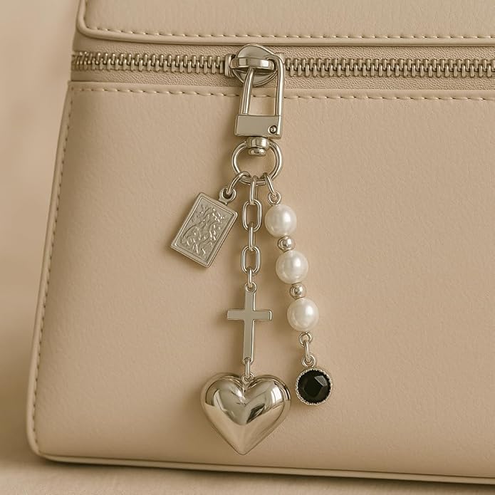 Questsole Silver Heart & Cross Bag Charm