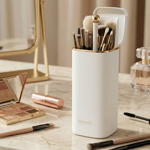 QUESTSOLE Automatic Lifting Makeup Brush Holder | 4-Compartment Dustproof Vanity Organizer