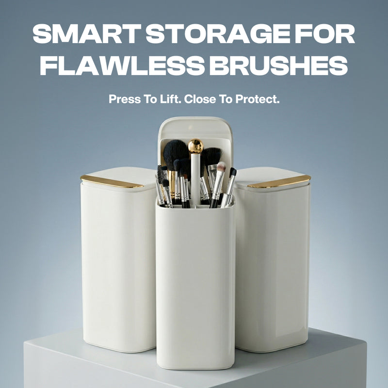 QUESTSOLE Automatic Lifting Makeup Brush Holder | 4-Compartment Dustproof Vanity Organizer