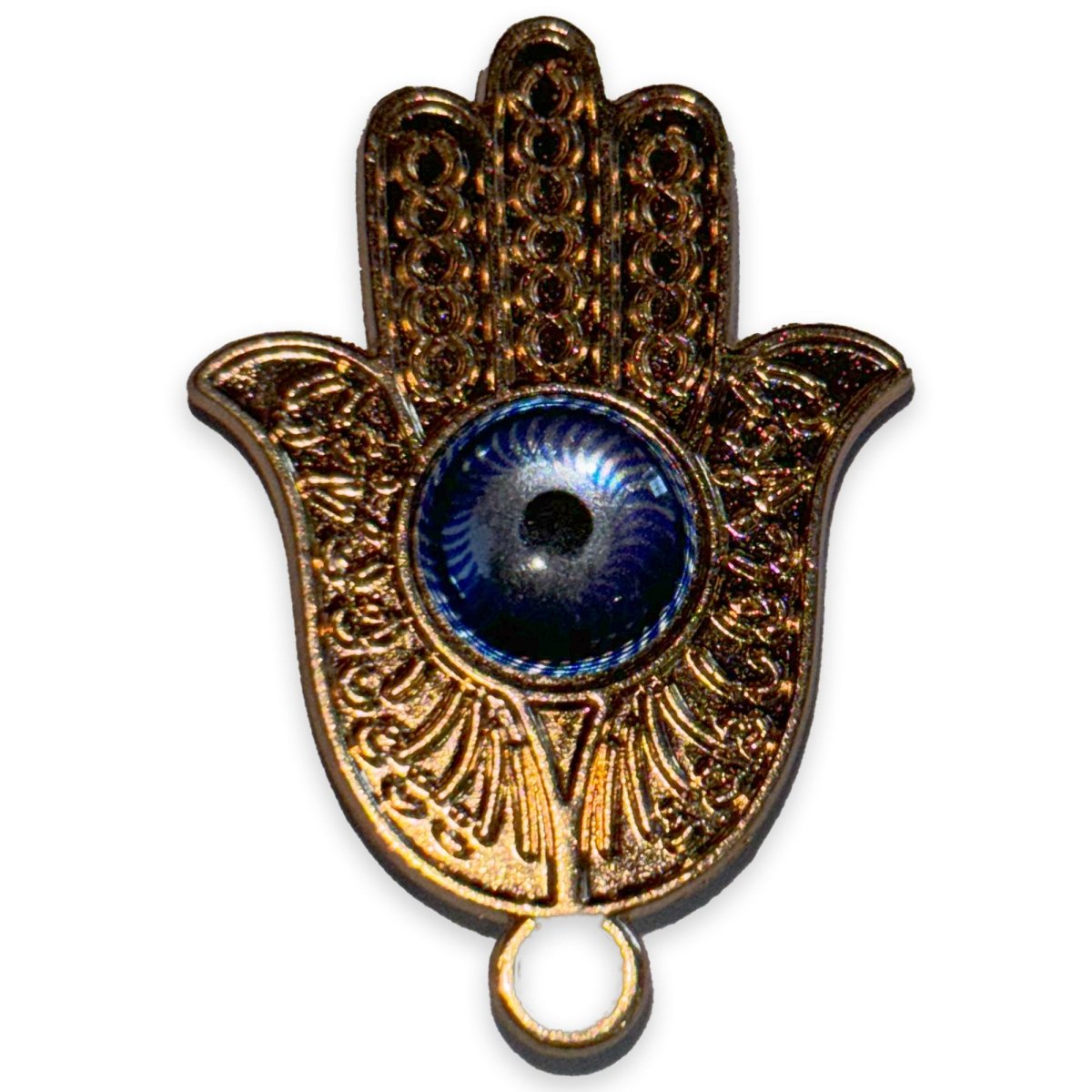 Golden Hamsa Hand with Blue Evil Eye Stone Metal Shoe Charm - Questsole