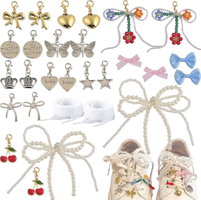 Questsole 28 Pcs Shoe Pins for Sambas with Pearl Bow Shoelace Charms - Questsole