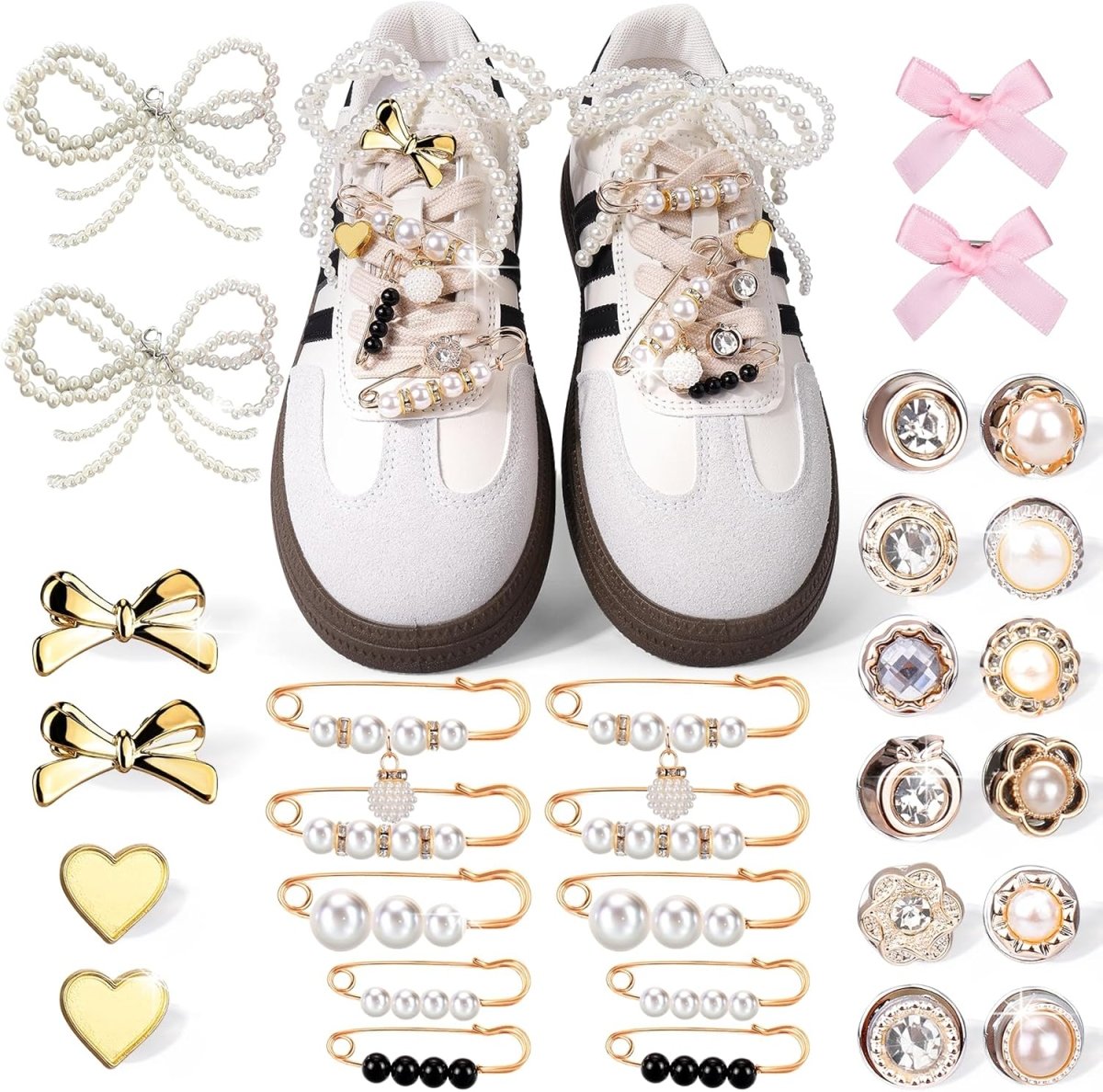 Questsole 30 PCS Shoe Charms for Sneakers - Stylish Shoe Lace Charms with Bows, Clips, Pins & Jewelry - Questsole