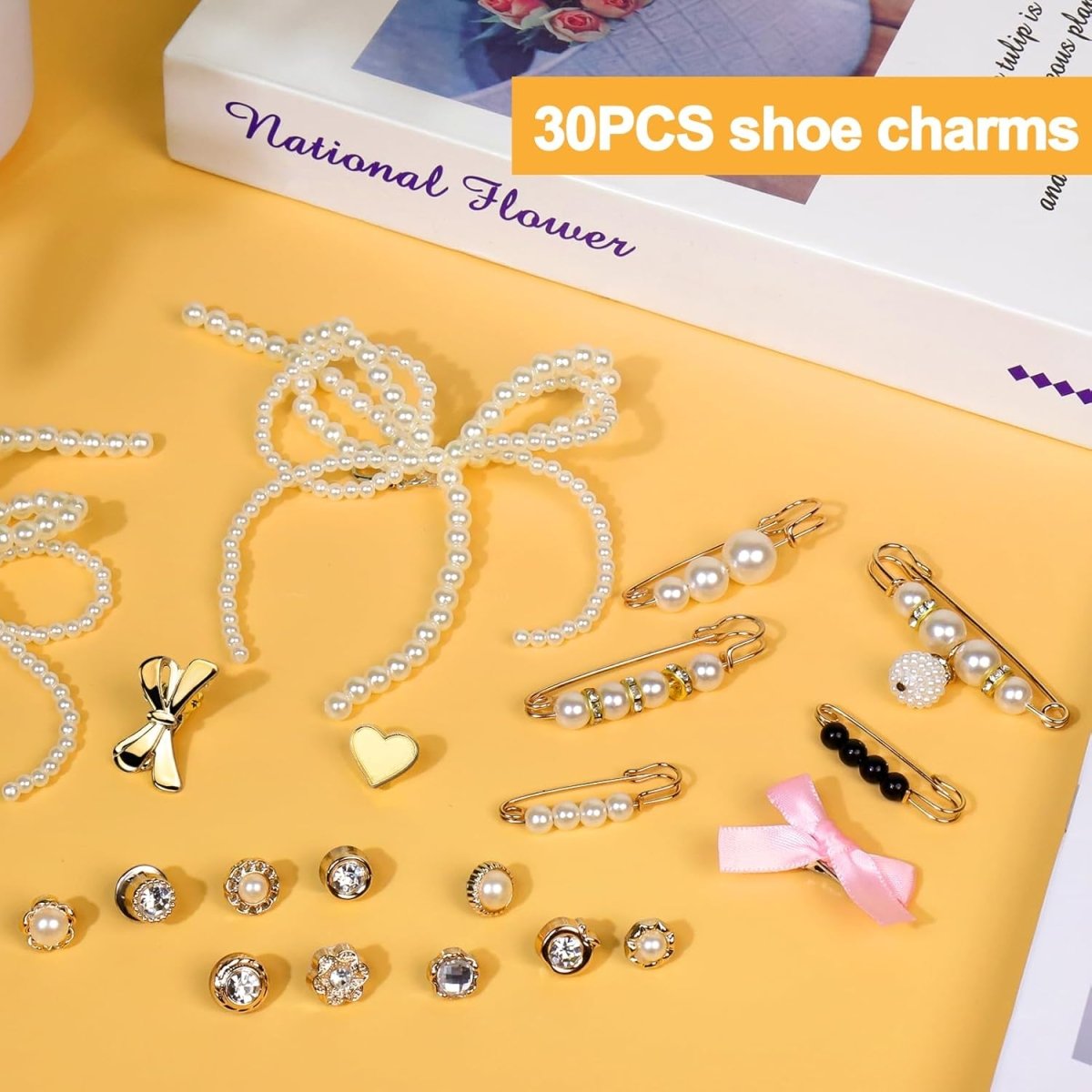 Questsole 30 PCS Shoe Charms for Sneakers - Stylish Shoe Lace Charms with Bows, Clips, Pins & Jewelry - Questsole