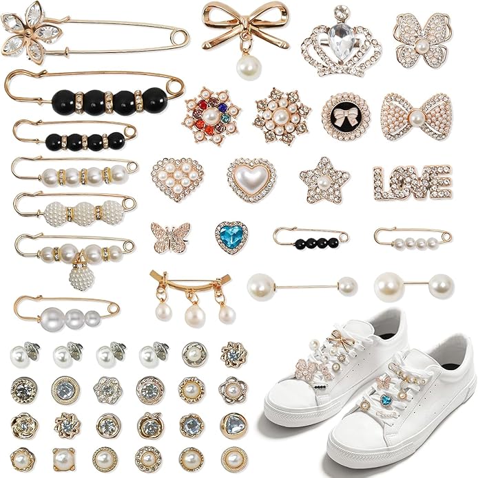 Questsole 55 Pcs Sneakers Shoe Charms– with Bows, Clips, Pins & Jewellery - Questsole