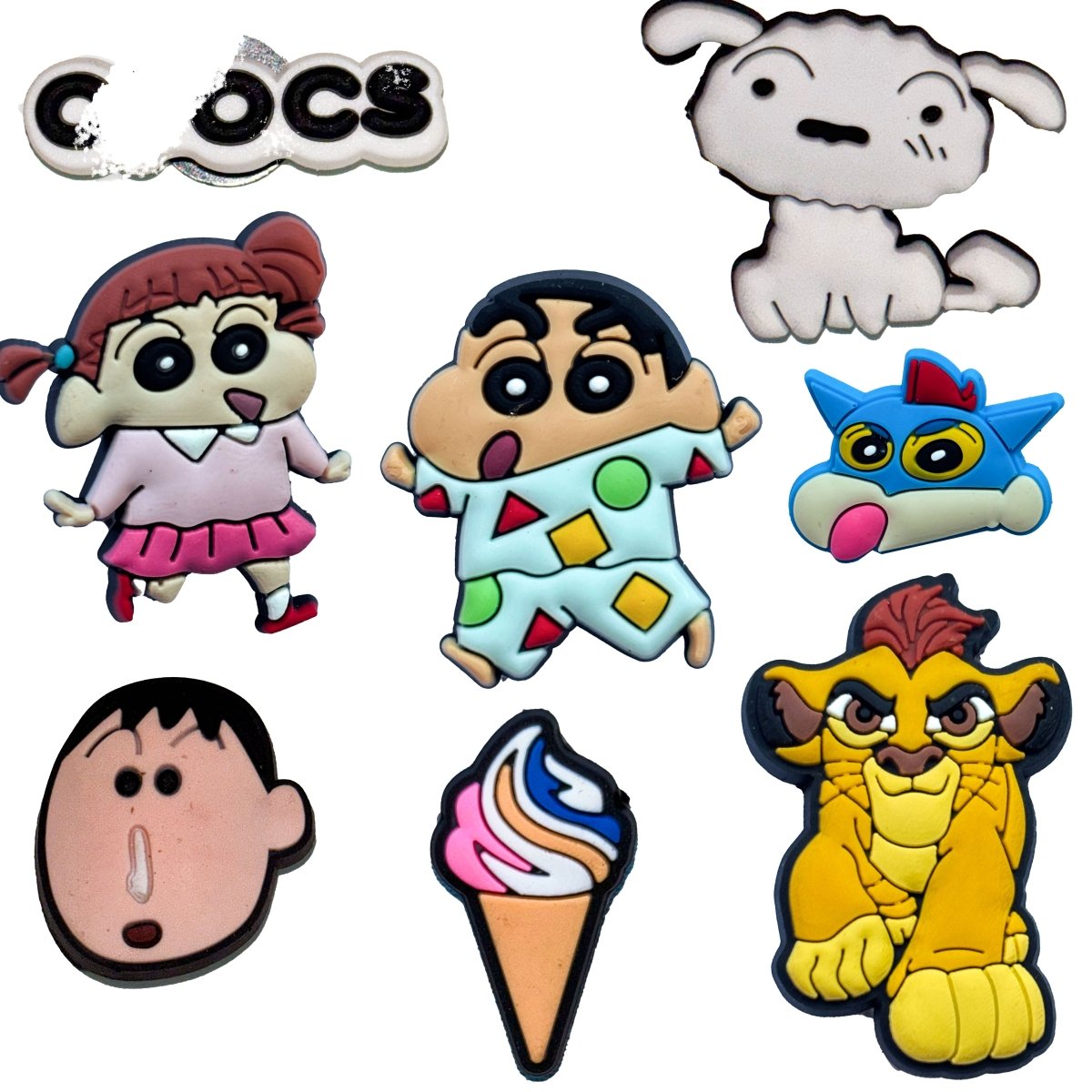 Questsole Fun Charms Set of 8 - Shinchan, Simba, Ice Cream, Puppy & More Rubber Shoe Charm - Questsole