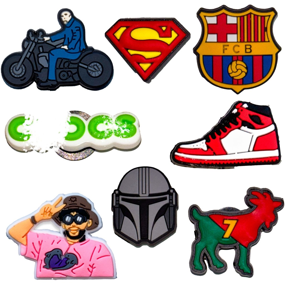 Questsole Stylish Charms Set of 8 - Superman, FCB, Mandalorian, Sneakers & More Rubber Shoe Charm - Questsole